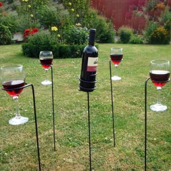 Outdoor Wine Glass and Bottle Stakes, 5 piece, Beach Picnic Vacation Cottage - Picture 1 of 9